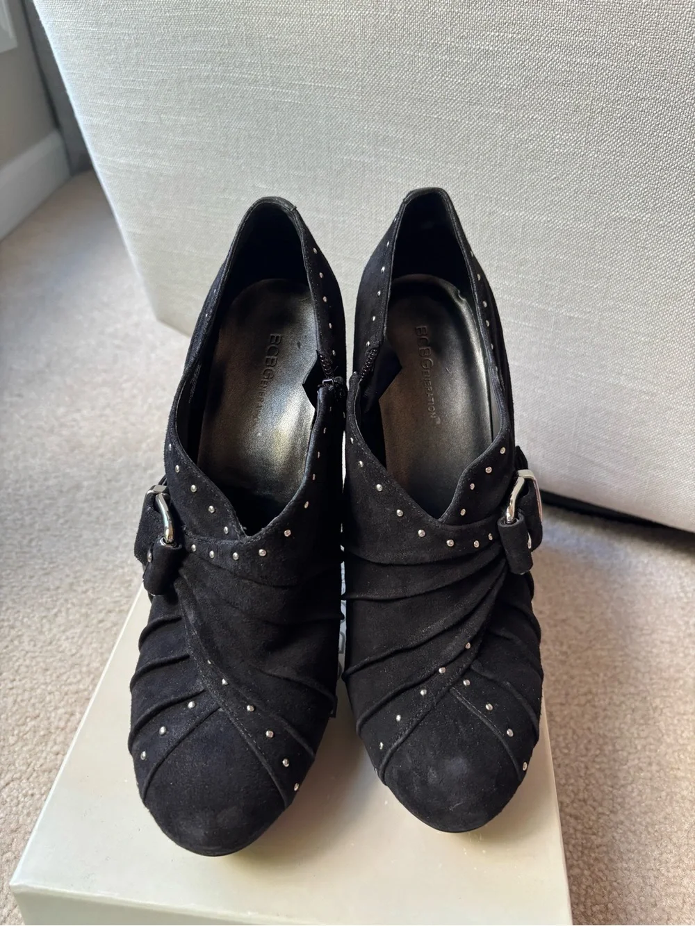 BCBGeneration Black Suede Studded Buckle High Heel Booties